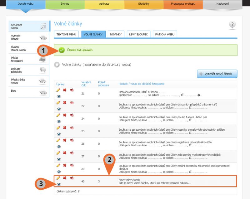Výpis volných článků v administraci