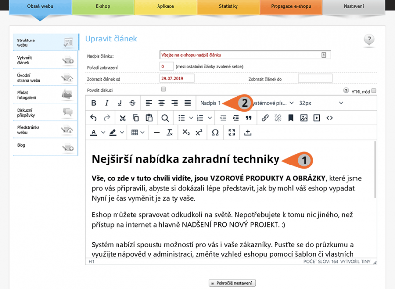 Nastavení H1 u úvodní strany eshopu