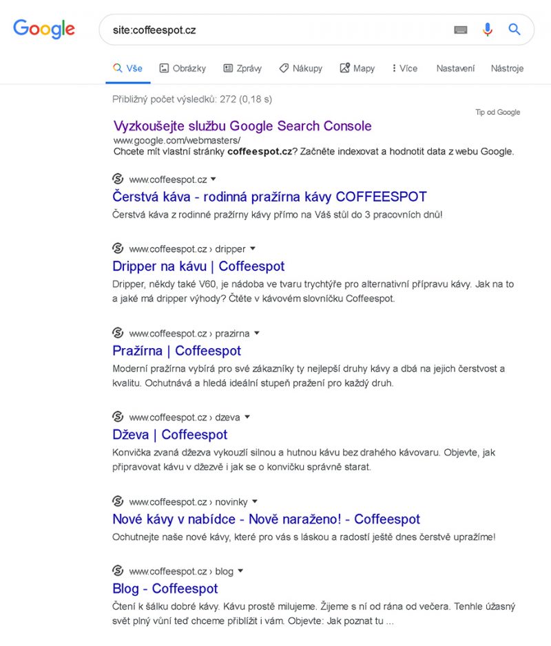 Ukázka využití parametru site:coffeespot.cz